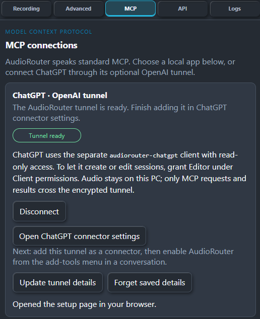 AudioRouter's MCP settings showing the ChatGPT and OpenAI tunnel connection