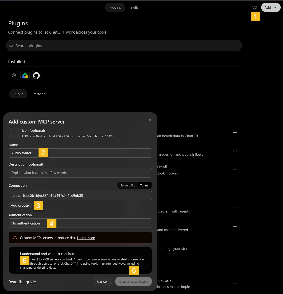 ChatGPT's Add custom MCP server dialog with AudioRouter entered as the connector name and the tunnel connection selected