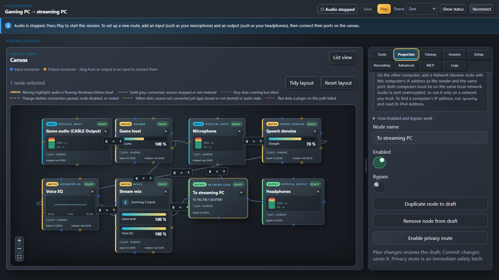A gaming PC session: game audio and a denoised, EQ'd microphone mixed and sent to a streaming PC with Network Send, plus a headphone monitor