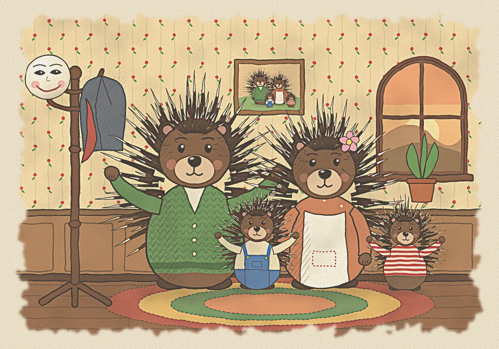 Hollis the porcupine home in the evening with his family, the smiling mask hanging on the coat rack by the door