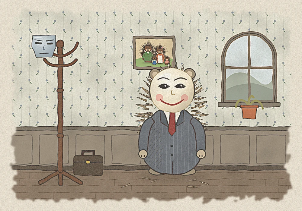 Hollis, now pale and nearly without quills, faces the coat rack where a new grey-blue mask hangs beside a briefcase