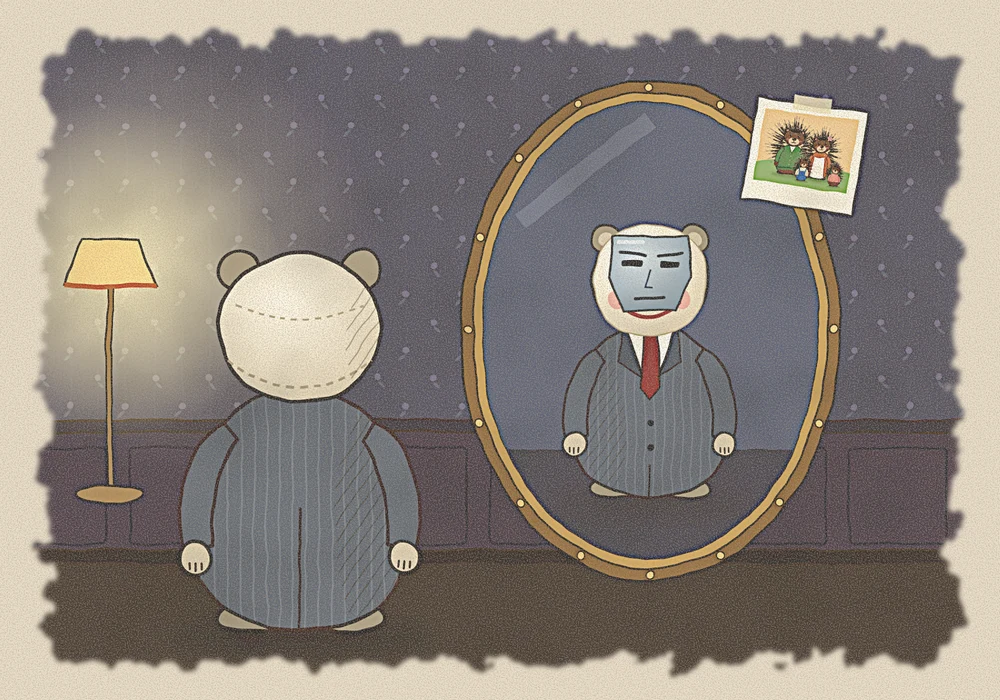 Hollis, smooth and pale, stands before an oval mirror; his reflection wears the grey-blue mask over the old smiling one, and an old photo of the quilled porcupine and his family is tucked into the frame